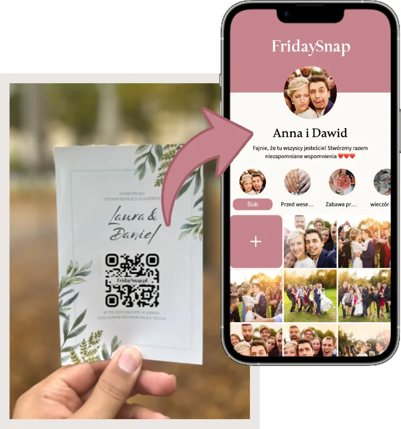 Kod QR, który pokazuje zrzut ekranu galerii aplikacji ślubnej